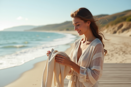 Jeune femme examinant des échantillons de tissu naturel en extérieur