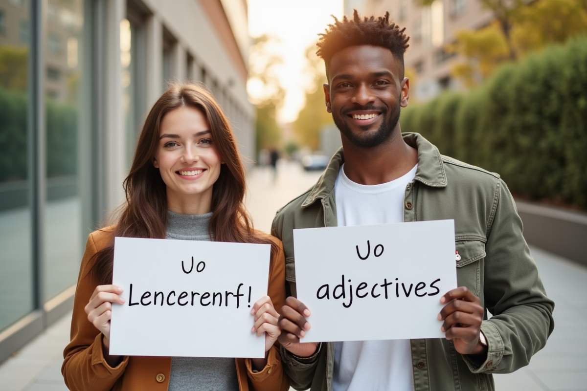 Jeune femme et homme confiants avec pancartes positives