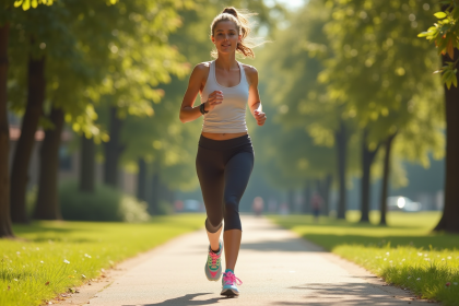 Jeune femme courant dans un parc ensoleille avec leggings et baskets