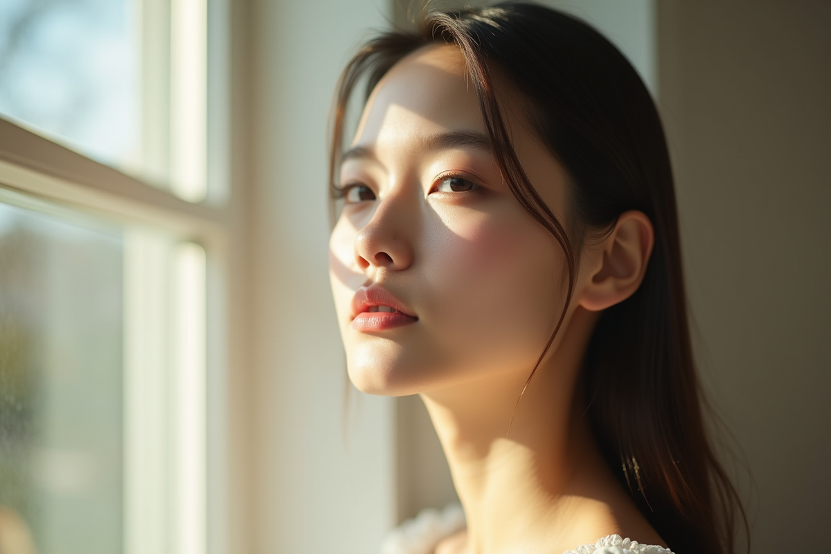 Jeune femme face lumineuse près d'une grande fenêtre