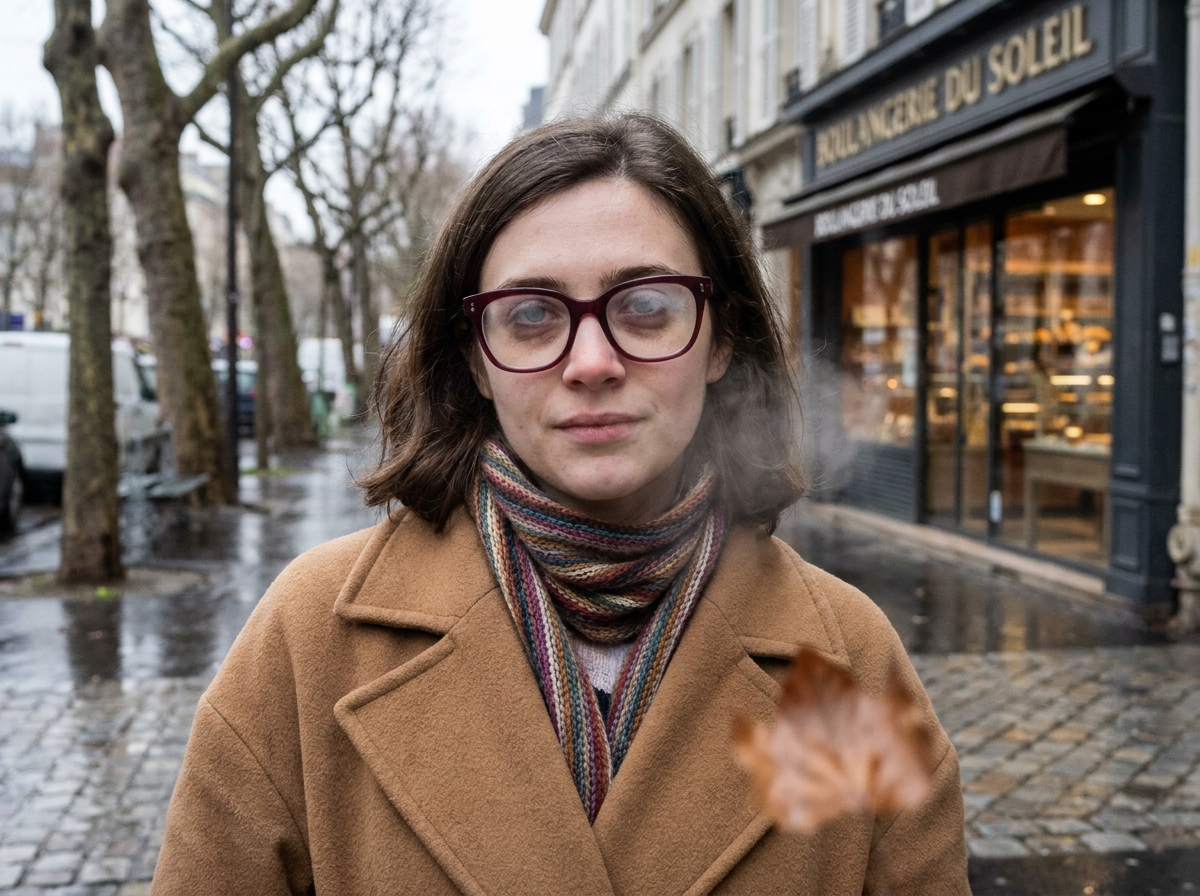 Jeune femme aux cernes portant des lunettes rondes bordeaux dans une rue parisienne en hiver