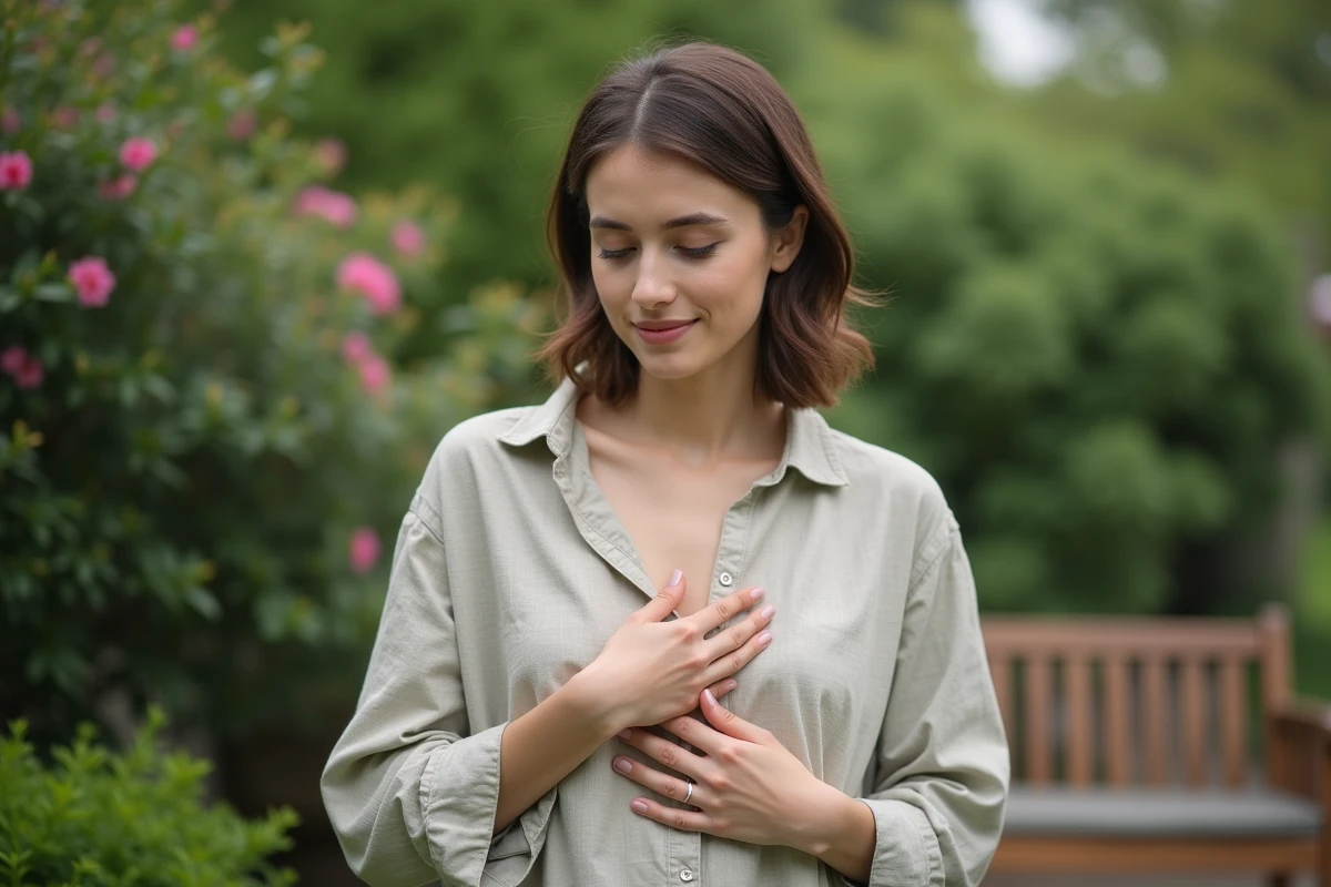 Jeune femme massant sa poitrine dans un jardin paisible