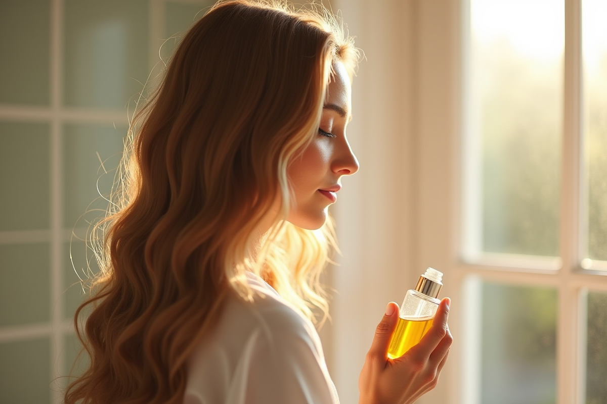 Jeune femme massant ses cheveux longs avec une huile nourrissante