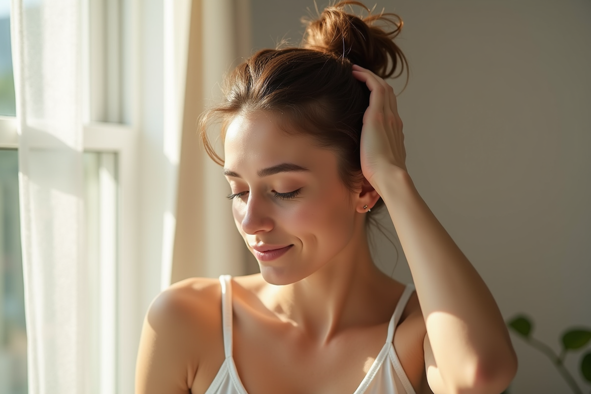 Jeune femme massant doucement son cuir chevelu avec lotion naturelle