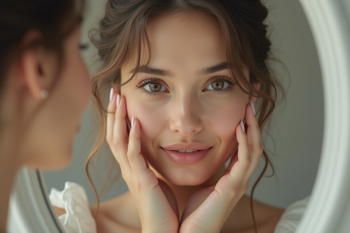 Jeune femme devant un miroir tirant ses joues pour une peau naturelle