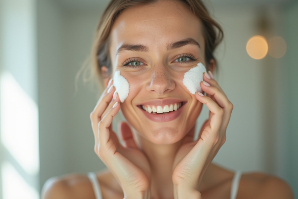 Jeune femme appliquant un nettoyant visage dans une salle lumineuse