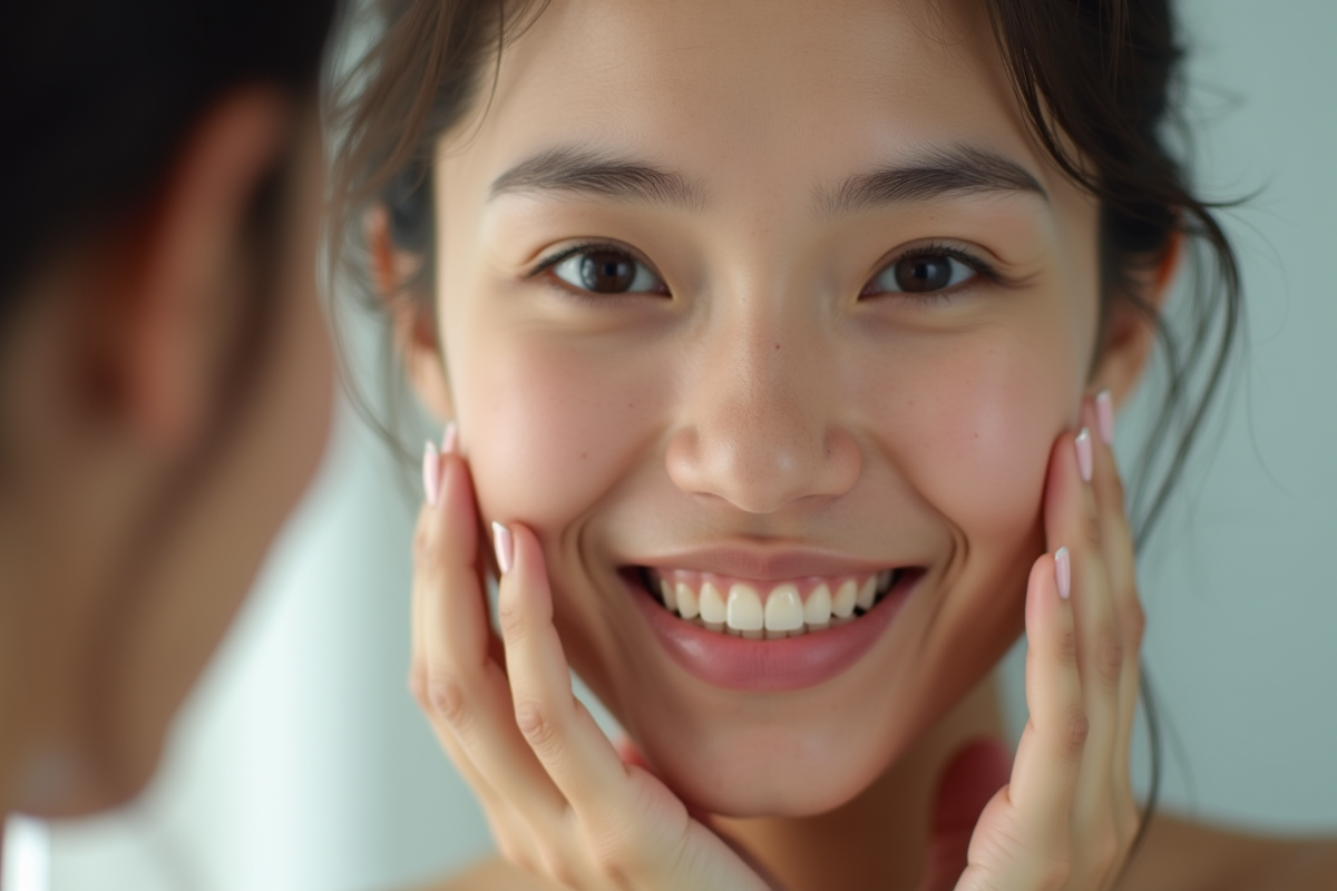 Jeune femme avec peau saine touchant sa joue devant un miroir