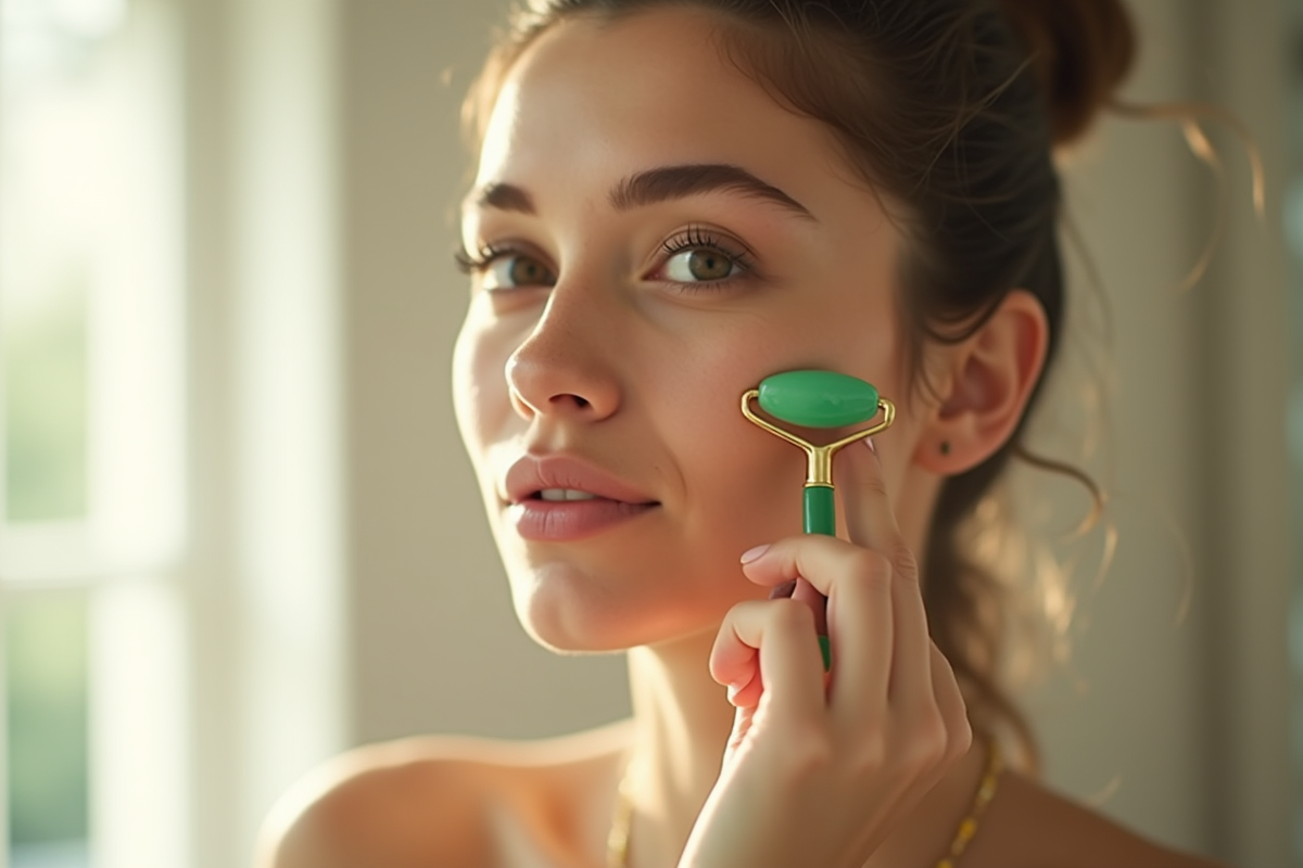 Jeune femme utilisant un rouleau de jade sur la joue dans une salle de bain lumineuse