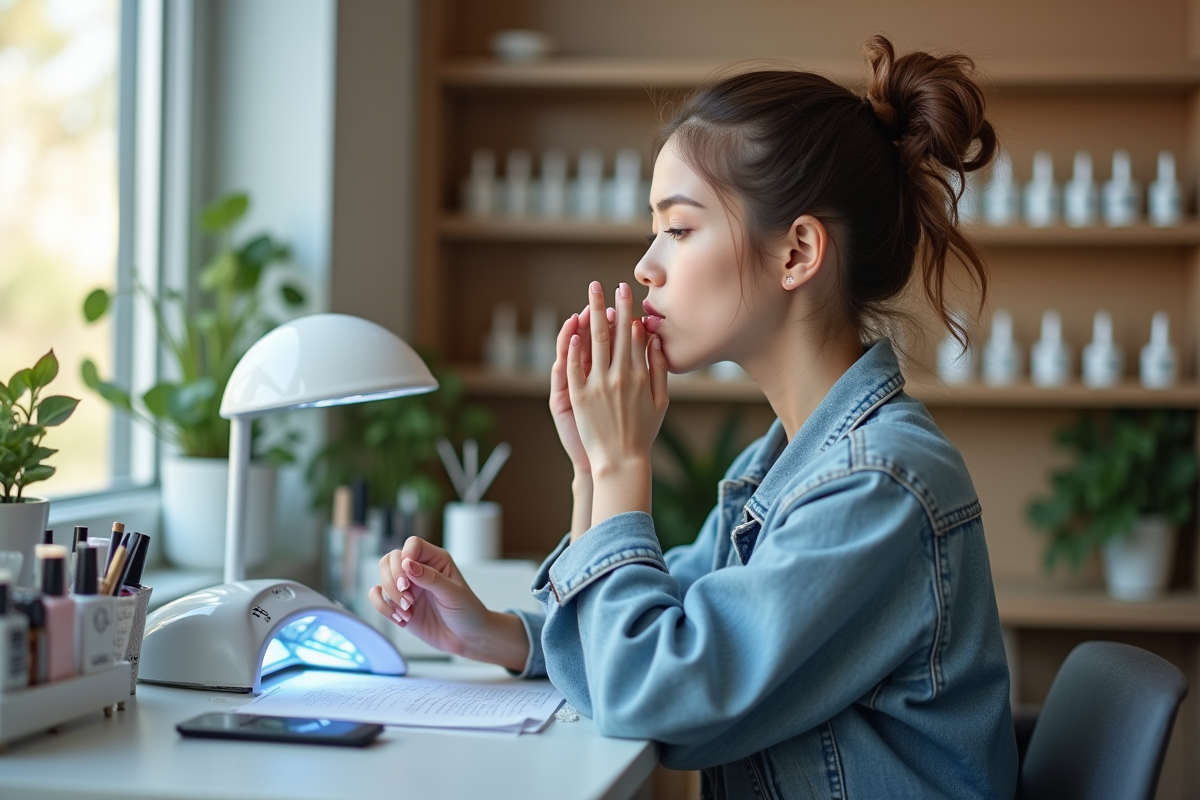 Jeune femme en salon de manucure avec lampe UV