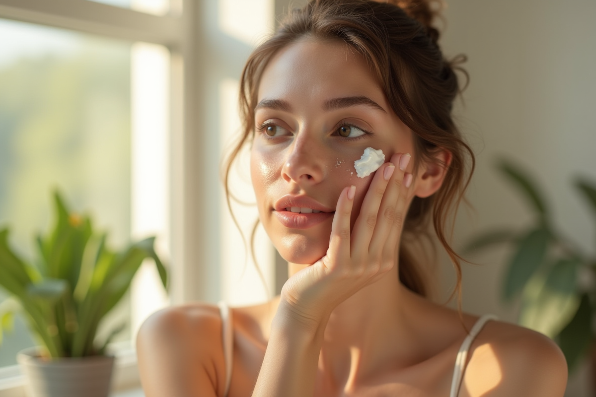 Jeune femme appliquant une creme visage dans une salle de bain lumineuse