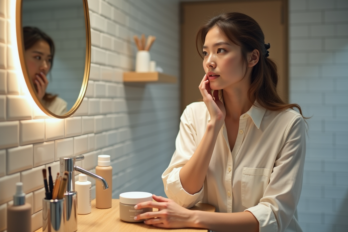 Jeune femme examine produits cosmetiques dans sa salle de bain