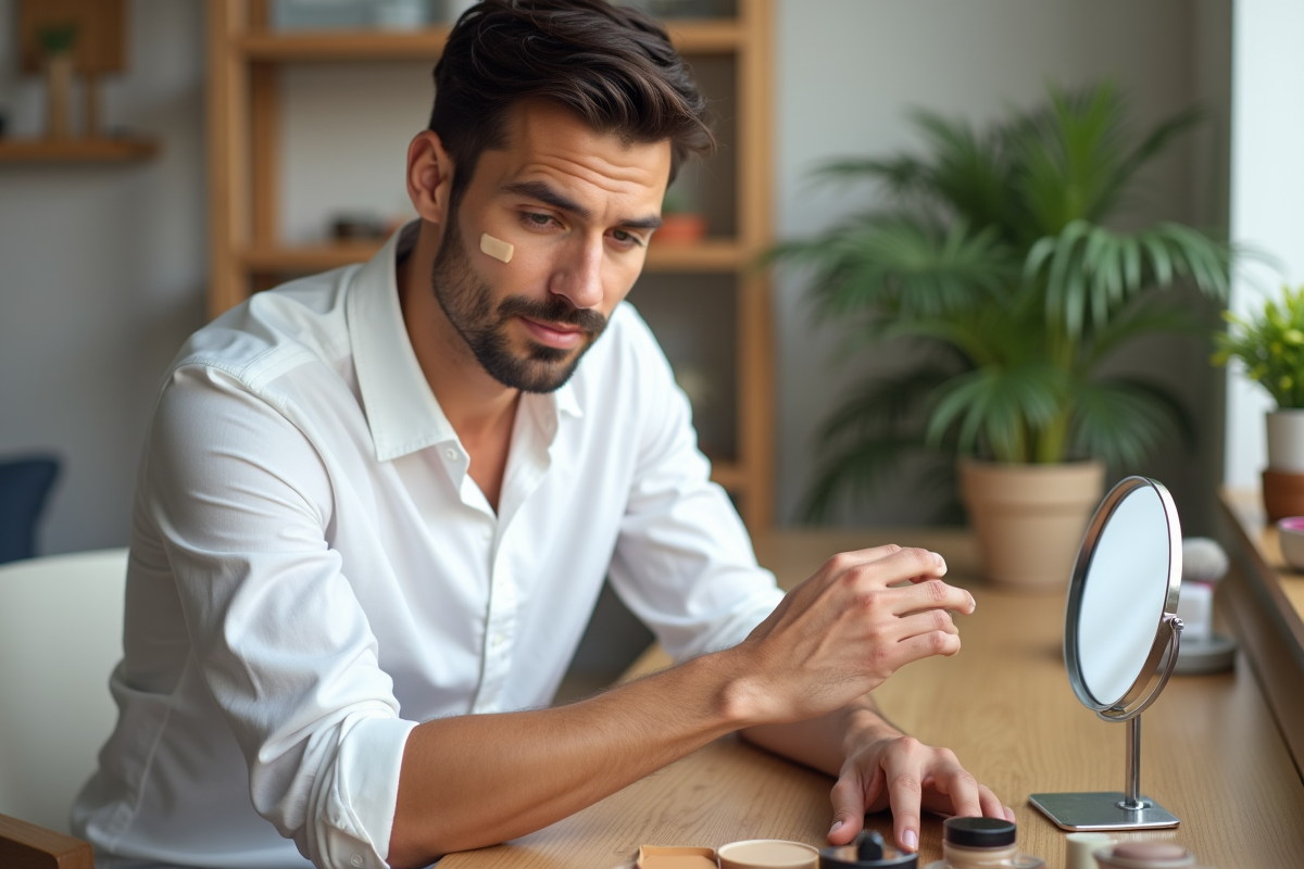 Jeune homme comparant fond de teint sur sa main dans sa chambre