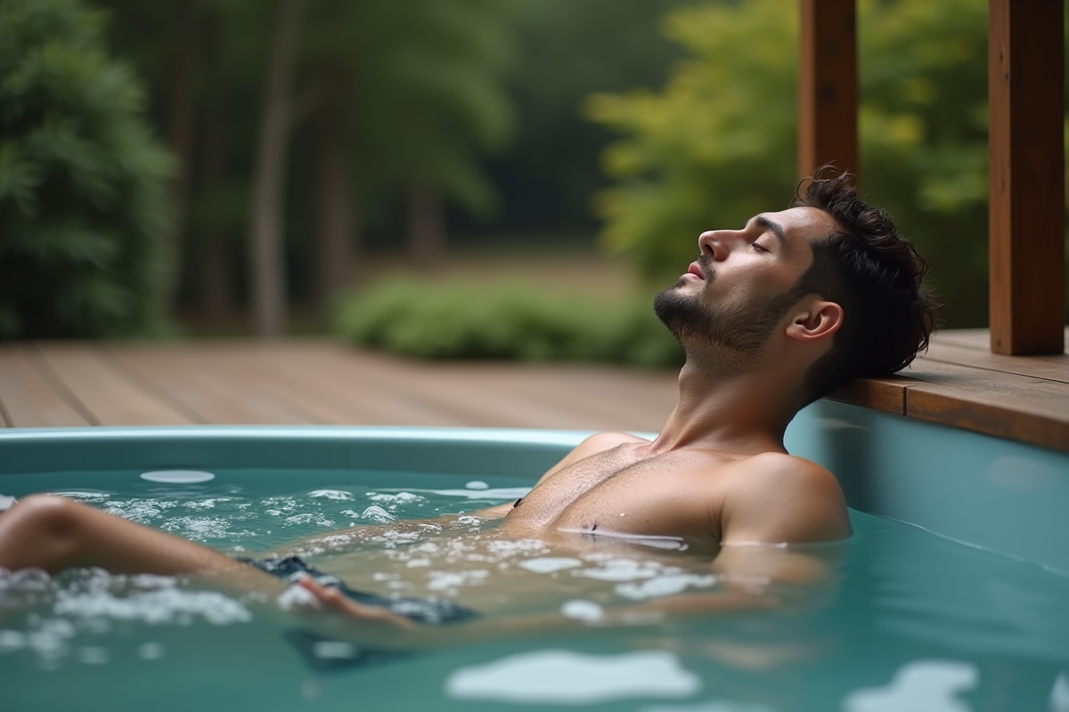 Jeune homme en maillot de bain dans un bain extérieur