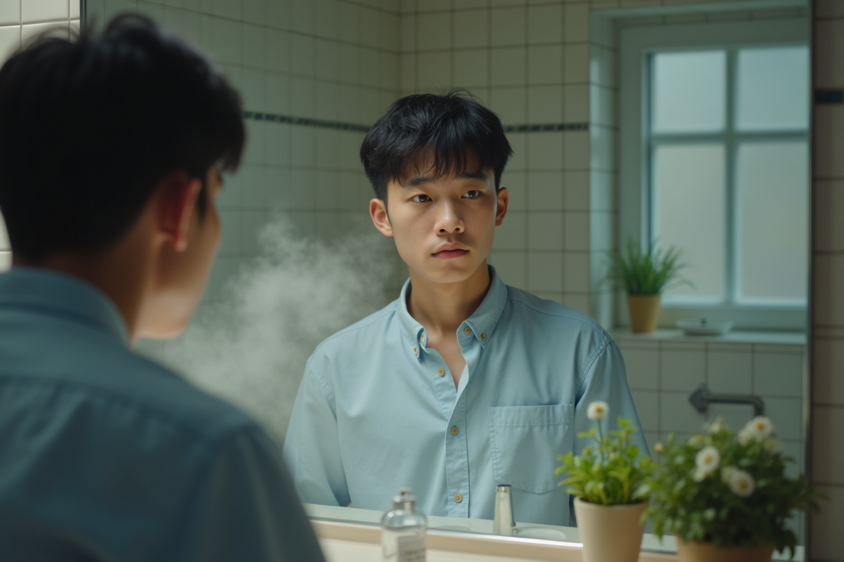 Jeune homme asiatique regardant son reflet dans un miroir