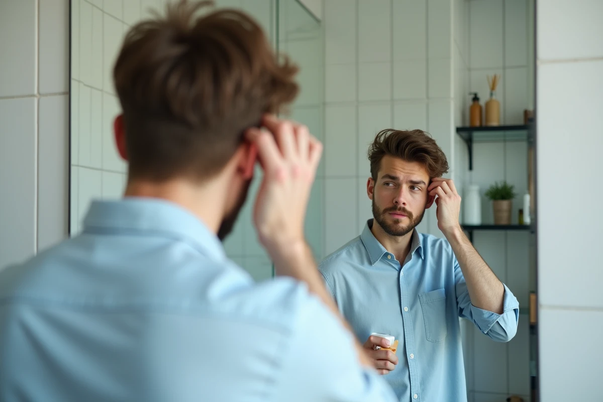 Jeune homme examine son cuir chevelu dans la salle de bain