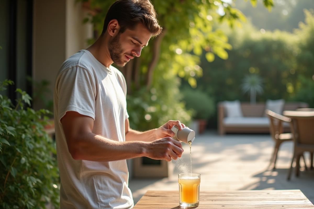 Jeune homme versant une poudre dans une boisson en extérieur