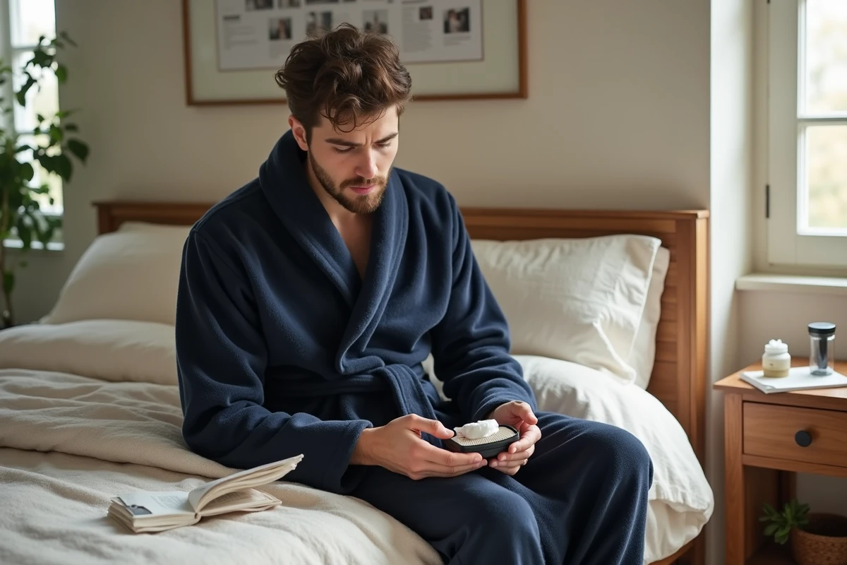 Jeune homme en peignoir assemble un kit de rasage