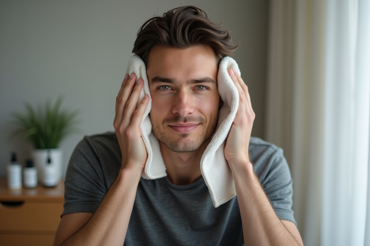 Jeune homme se sèche le visage avec une serviette dans sa chambre