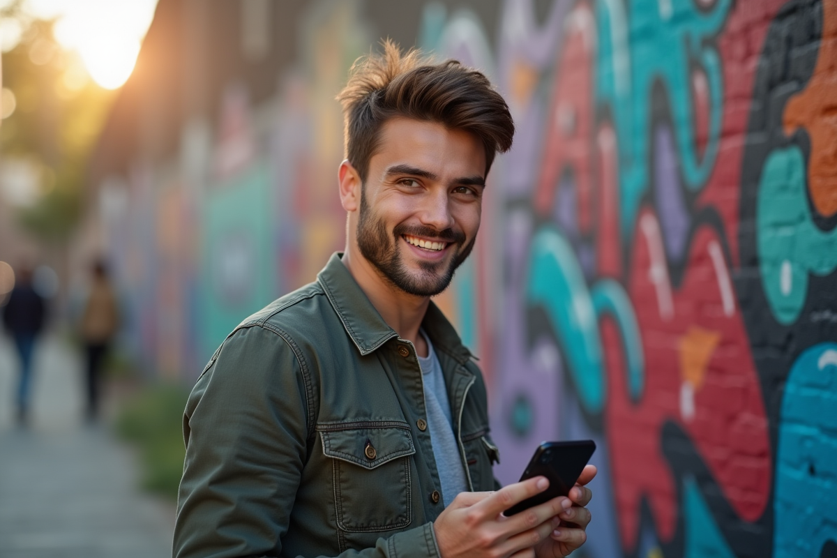 Jeune homme confiant avec smartphone devant graffiti urbain