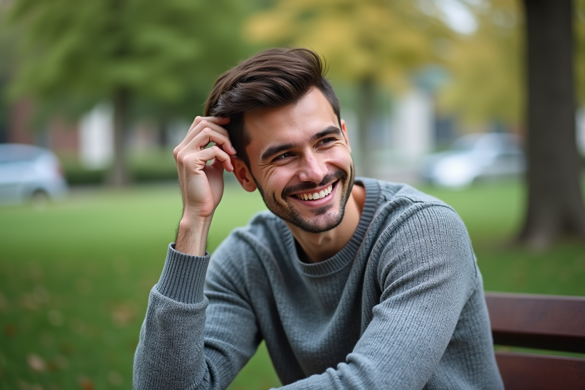 Jeune homme en pull dans un parc souriant
