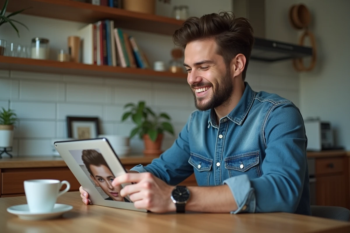 Jeune homme testant des coiffures virtuelles sur une tablette