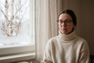 Femme aux yeux cernés portant des lunettes écaille de tortue près d'une fenêtre givrée en hiver