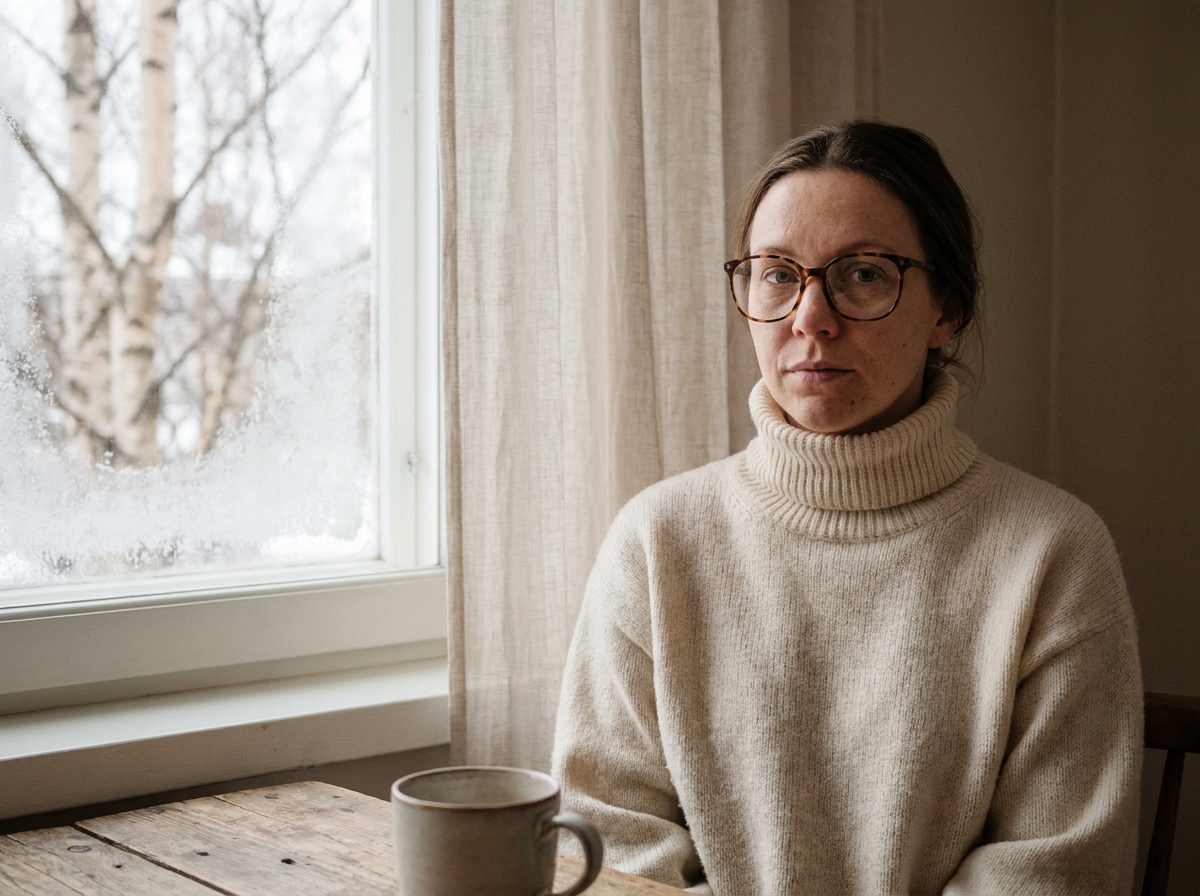 Femme aux yeux cernés portant des lunettes écaille de tortue près d'une fenêtre givrée en hiver