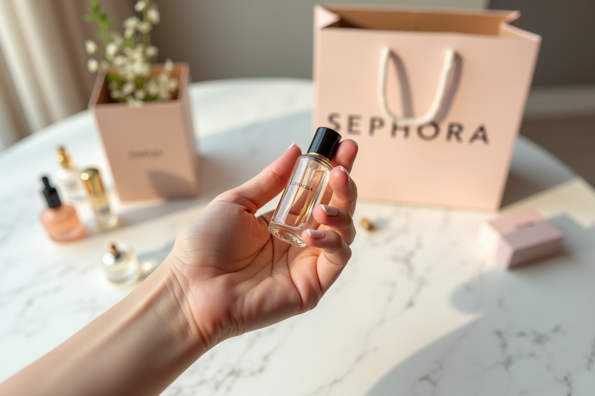 Main tenant un petit flacon de parfum avec sac Sephora et échantillons