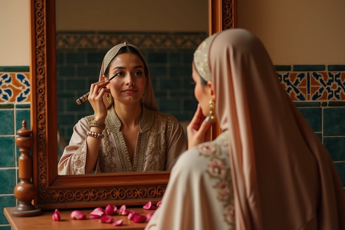 Femme marocaine en kaftan traditionnel appliquant du khôl devant un miroir en bois sculpté dans un riad marocain