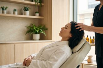 Femme en peignoir blanc recevant un massage du cuir chevelu dans un head spa urbain moderne aux tons naturels et apaisants