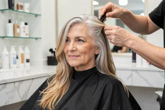 Femme aux cheveux gris-blanc avec des mèches soleil discrètes réalisées en salon de coiffure professionnel