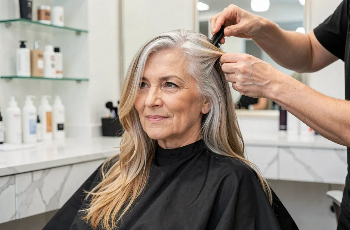 Femme aux cheveux gris-blanc avec des mèches soleil discrètes réalisées en salon de coiffure professionnel
