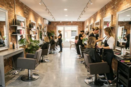 Intérieur d'un salon de coiffure moderne en Haute-Garonne avec des stylistes au travail