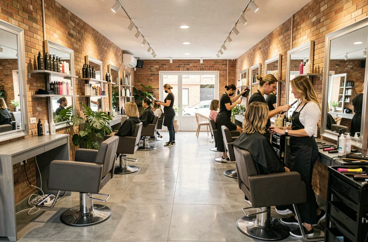 Intérieur d'un salon de coiffure moderne en Haute-Garonne avec des stylistes au travail
