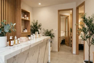 Réception élégante d'un institut de beauté en Isère avec comptoir en marbre et produits de soin