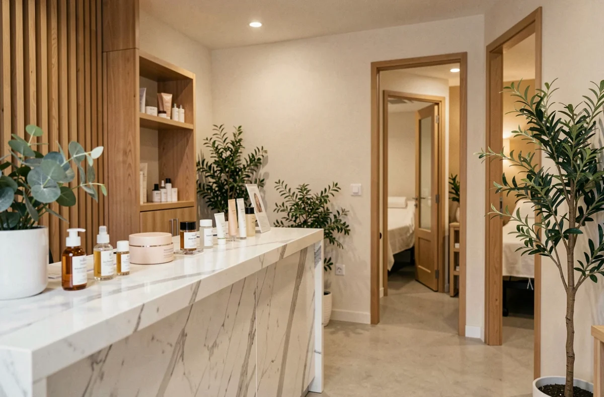 Réception élégante d'un institut de beauté en Isère avec comptoir en marbre et produits de soin