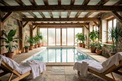 Vue d'ensemble d'un espace spa luxueux dans le Grand Est avec piscine intérieure, chaises longues en bois et décoration naturelle en pierre
