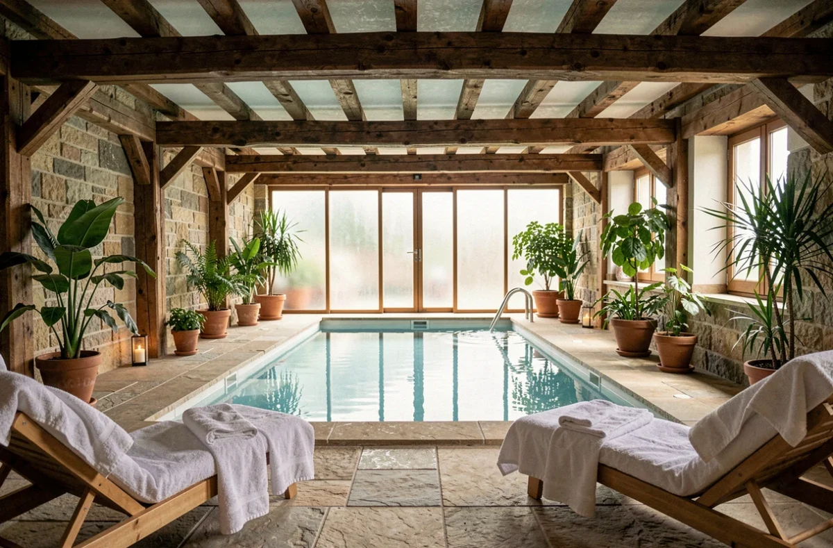 Vue d'ensemble d'un espace spa luxueux dans le Grand Est avec piscine intérieure, chaises longues en bois et décoration naturelle en pierre