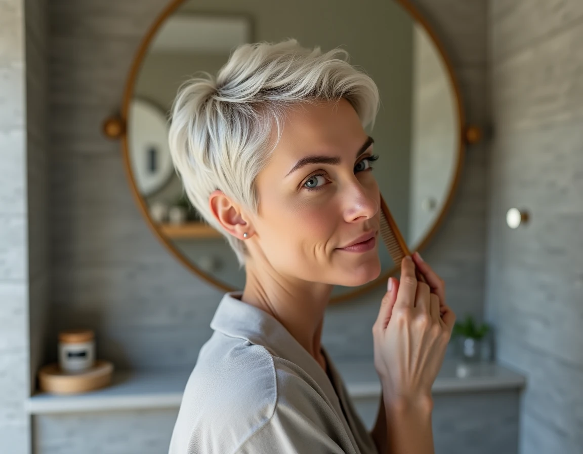 Femme d'âge moyen coiffant ses cheveux fins courts avec une mini vague dans une salle de bain moderne