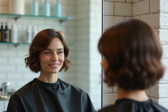 Femme aux cheveux fins courts avec une mini vague fraîchement réalisée dans un salon de coiffure moderne