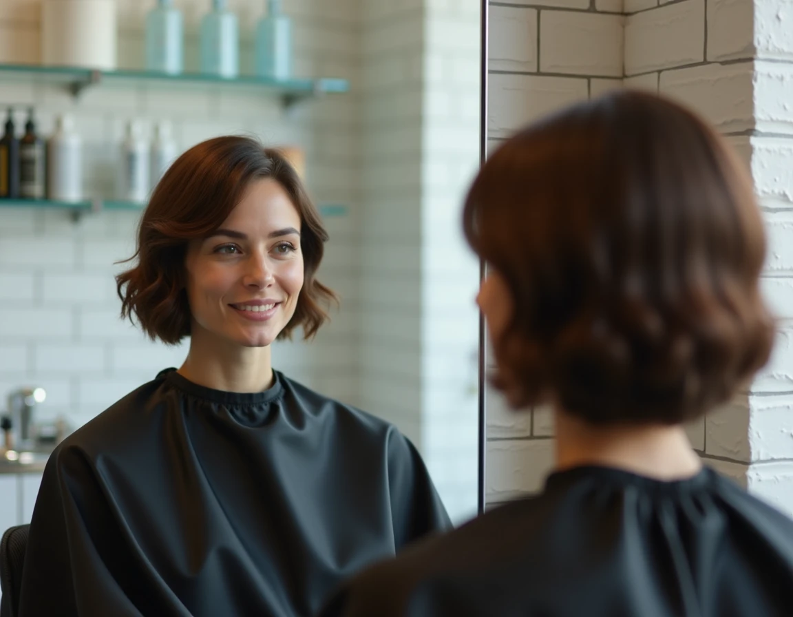 Femme aux cheveux fins courts avec une mini vague fraîchement réalisée dans un salon de coiffure moderne