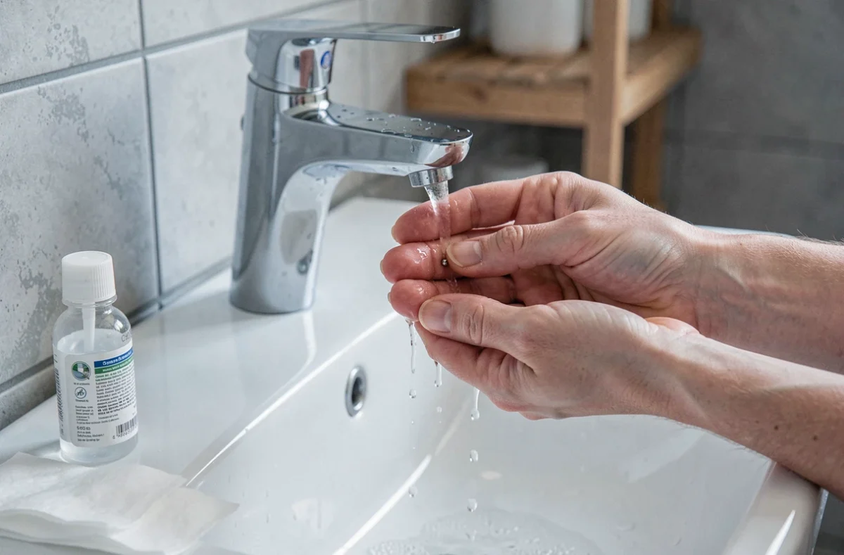 Nettoyage quotidien d'un piercing labret décalé avec solution saline pour prévenir l'infection