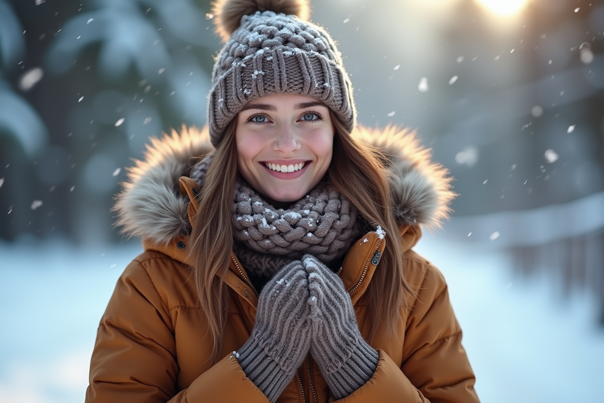 Personne souriante en hiver avec parka et bonnet