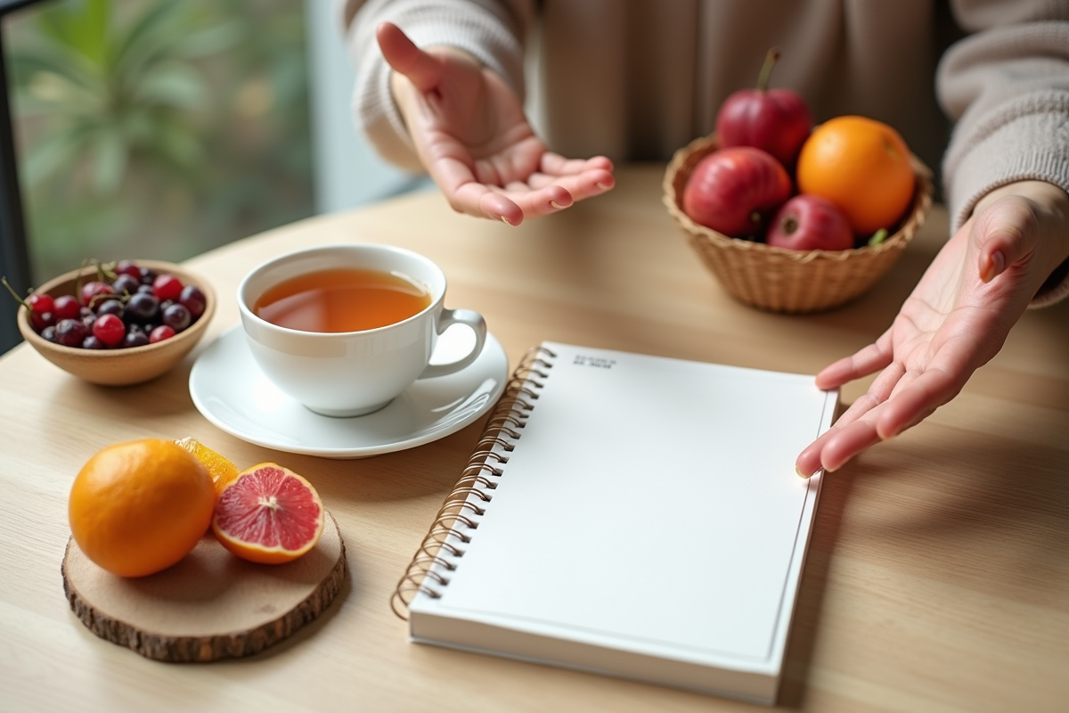 Scène de petit déjeuner avec tisane fruits et journal de soin