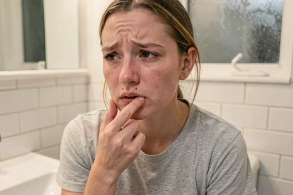 Jeune femme inquiète touchant son piercing labret décalé légèrement irrité dans une salle de bain