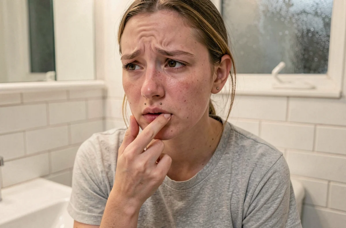 Jeune femme inquiète touchant son piercing labret décalé légèrement irrité dans une salle de bain