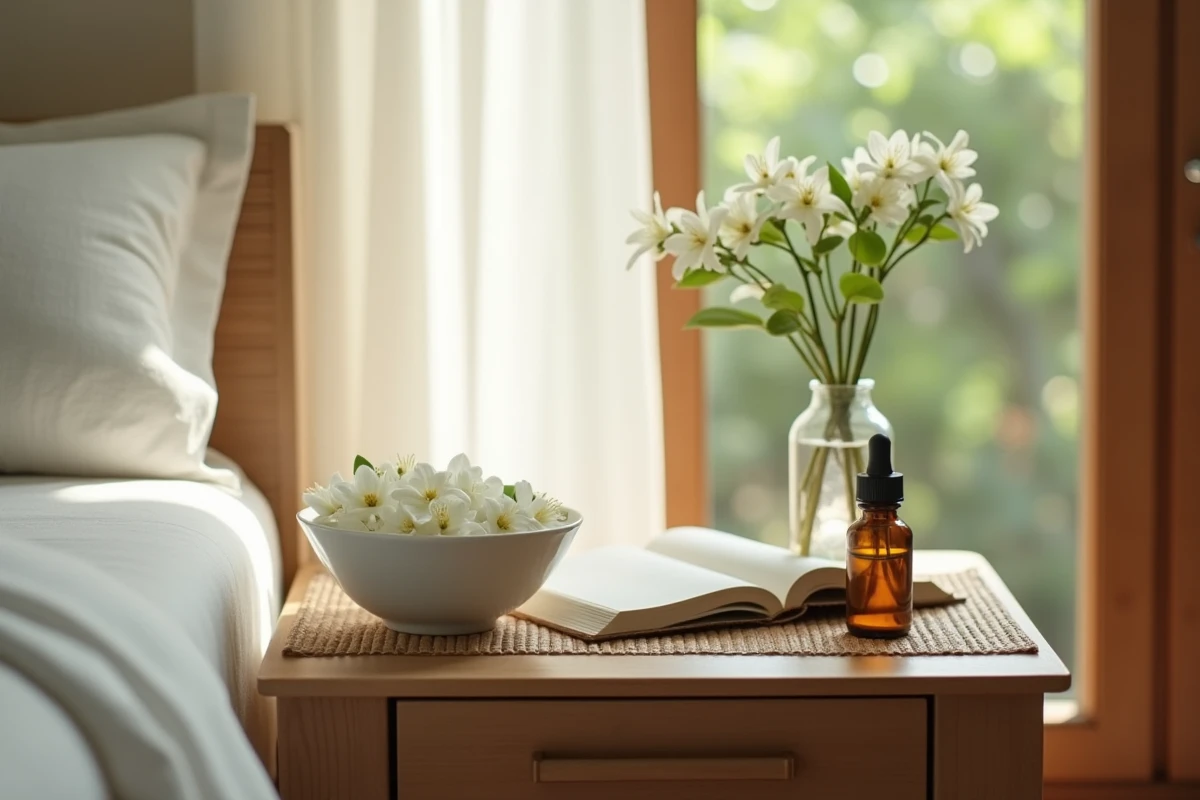 Plateau en bois avec jasmin et journal dans la chambre