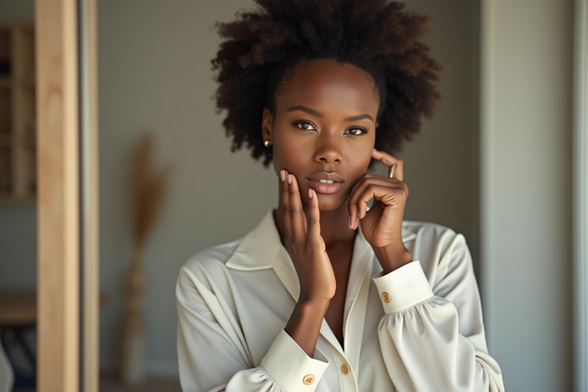 Femme aux cheveux naturels regardant dans un miroir