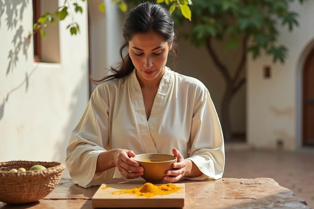 Femme marocaine préparant un mélange cosmétique traditionnel à base d'huile d'argan et de safran dans une cour de riad