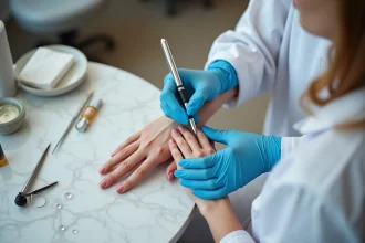 Technicienne en manucure appliquant une base protectrice sur les ongles d'une cliente pour prévenir l'infiltration après manucure en institut
